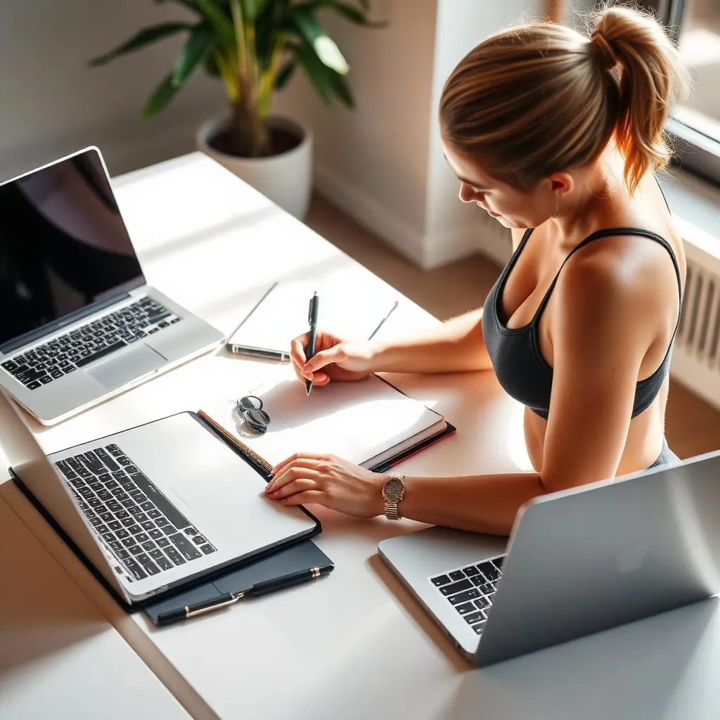 A clean desk with a quarterly planning notebook, a laptop showing 90-day business goals, and a calendar focused on growth milestones