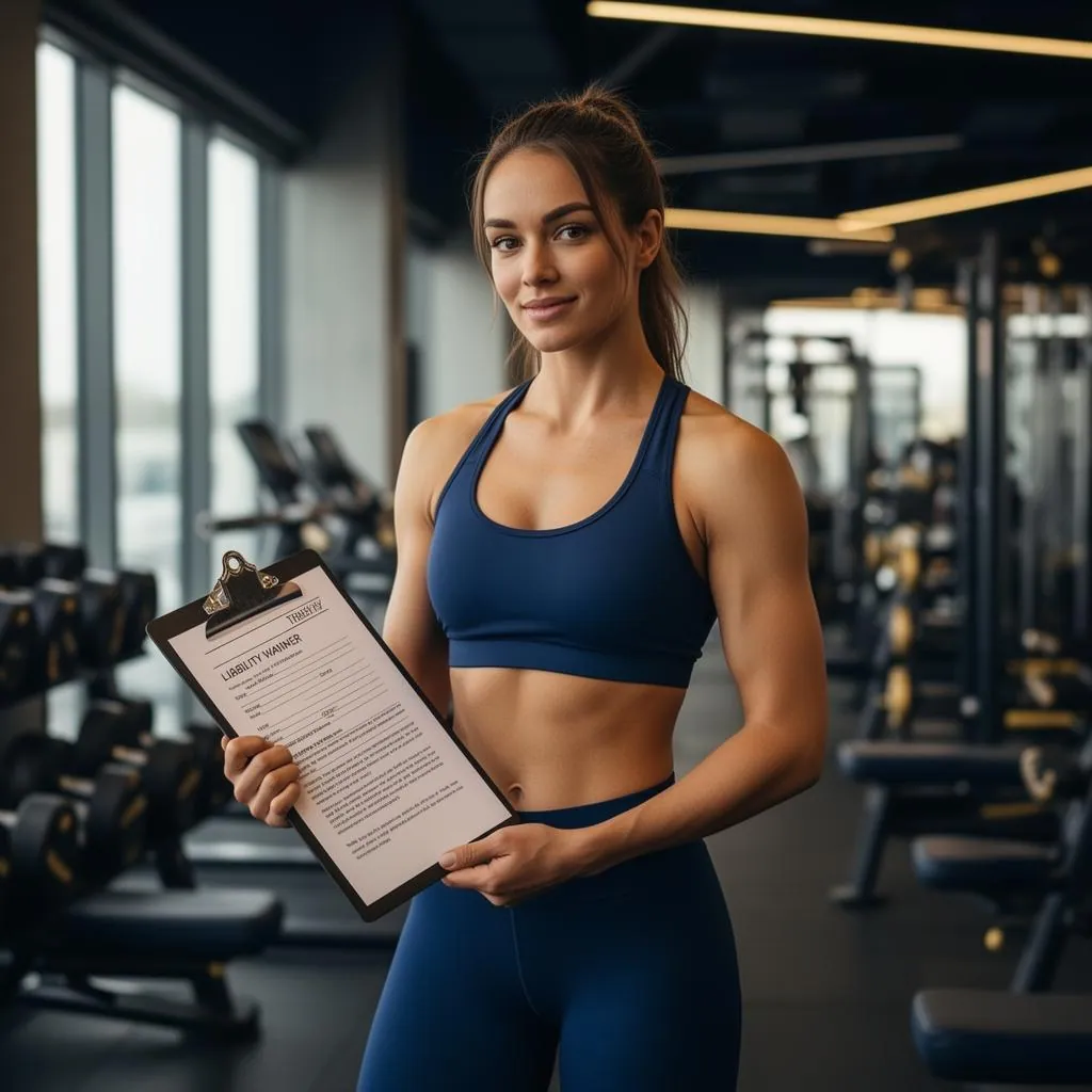 A confident personal trainer in a modern gym holding a clipboard with a client liability waiver, dumbbell racks and squat racks visible behind her