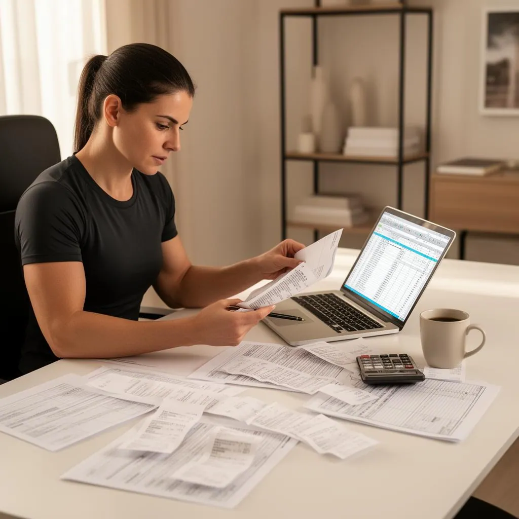A focused personal trainer sorting through tax receipts and bank statements at a clean desk with a laptop, calculator, and coffee mug under soft natural light