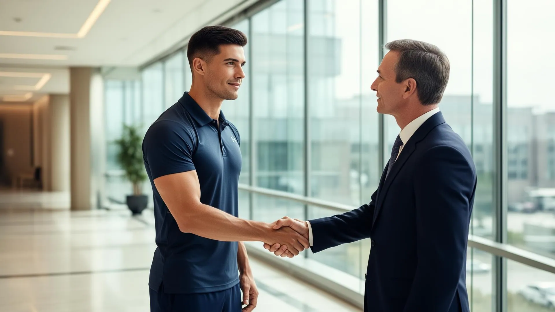 A confident personal trainer in a navy athletic polo shaking hands with a business executive in a suit inside a bright modern corporate office lobby