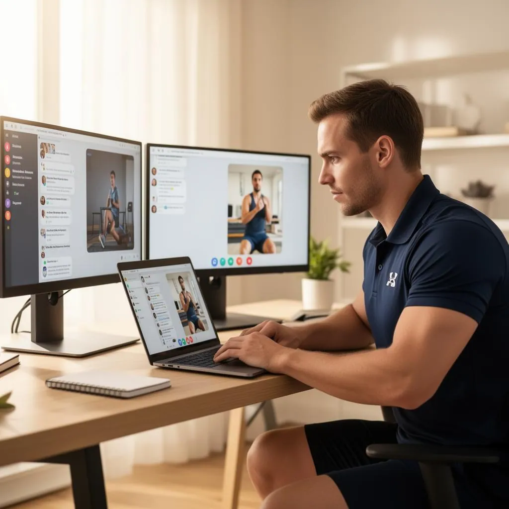 A personal trainer in a navy athletic polo coaching a client over a video call from a bright modern home office with dual monitors showing a workout app and a chat window