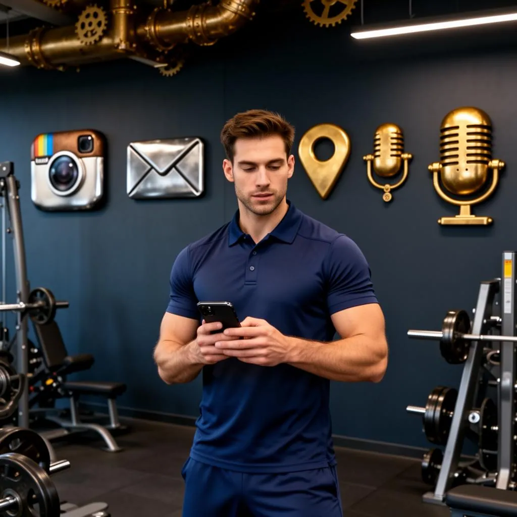 A confident male personal trainer in a navy athletic polo holding a smartphone in a modern gym, with stylized steampunk metal icons of a camera, envelope, map pin, and microphone on the wall behind him
