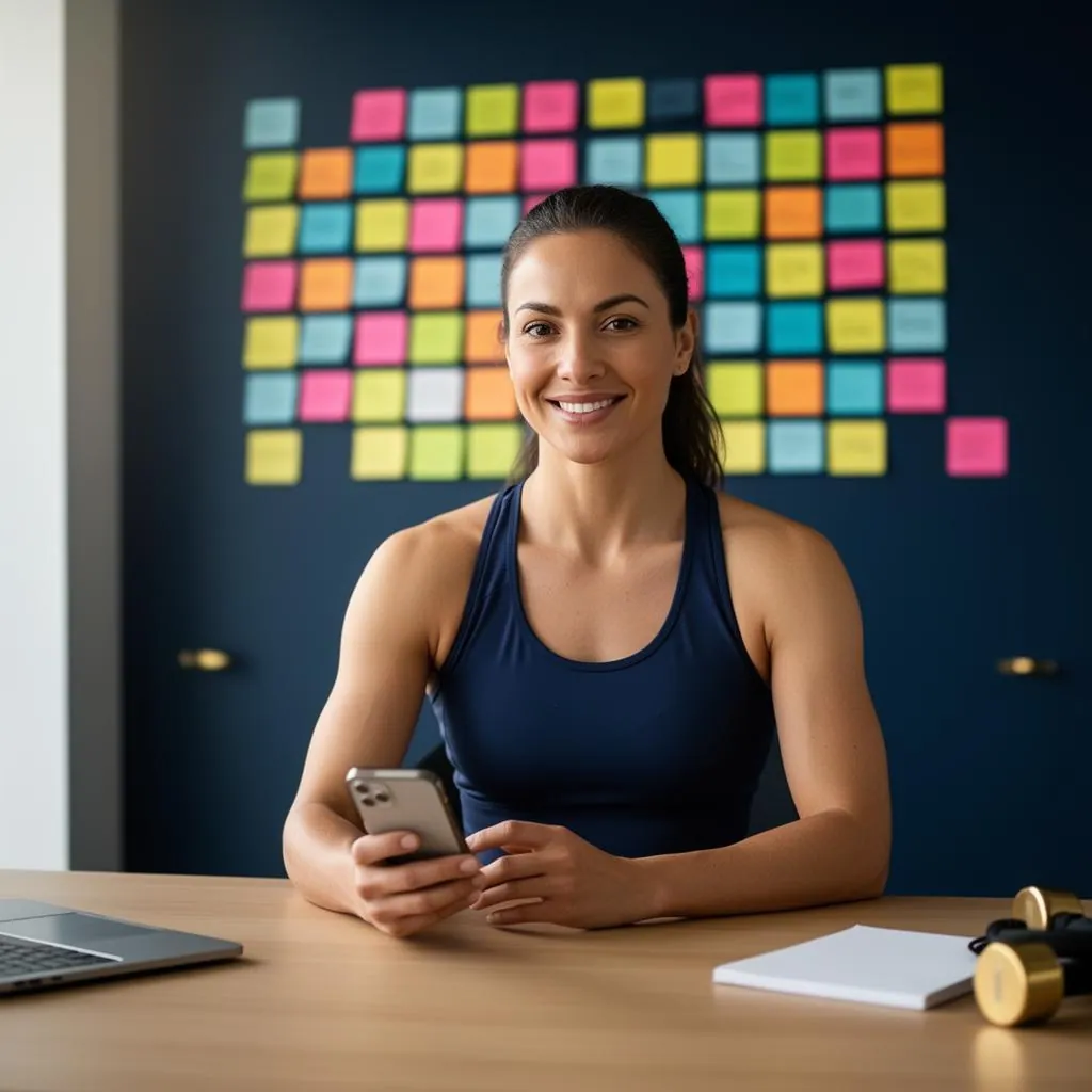 A smiling female personal trainer in a navy athletic top sitting at a desk holding a smartphone in front of a wall covered in a grid of colored sticky notes representing a 90-day content calendar