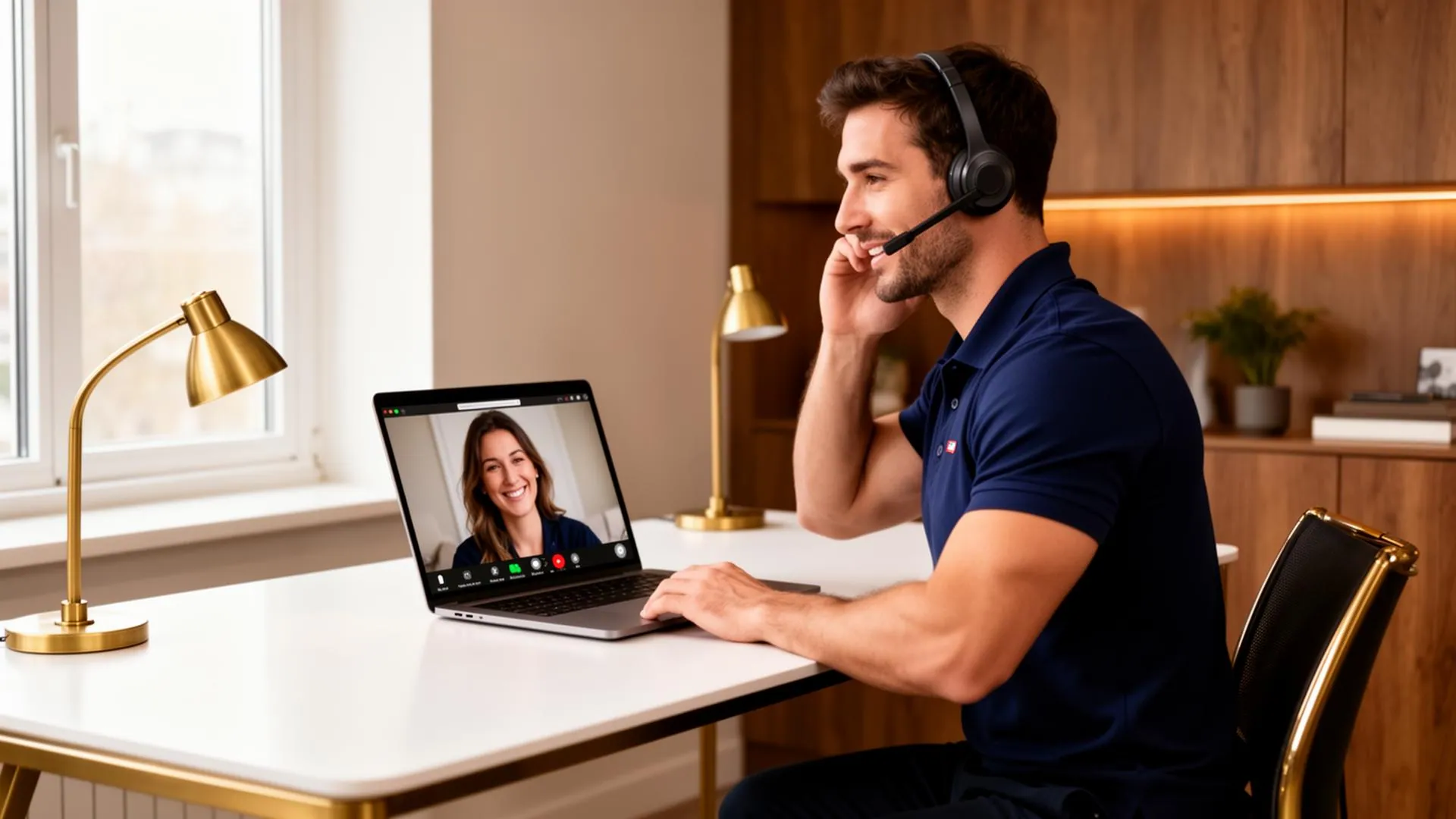 A confident male personal trainer in a navy polo sitting at a clean modern desk speaking on a wireless headset with a smiling female prospect on his laptop screen, soft natural window light, warm wood and brass accents