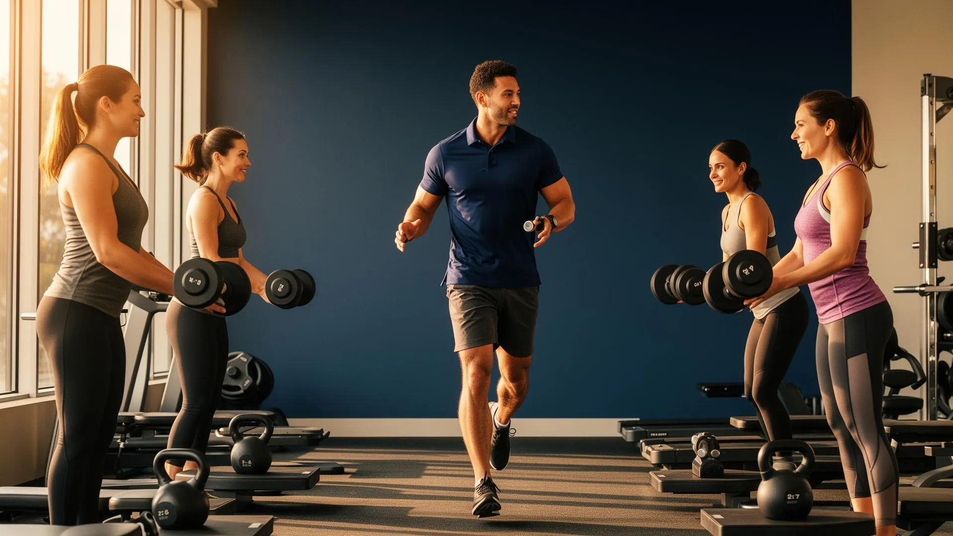 A male personal trainer in a navy polo coaching three adult clients at separate workout stations in a clean modern boutique gym with warm afternoon light through tall windows