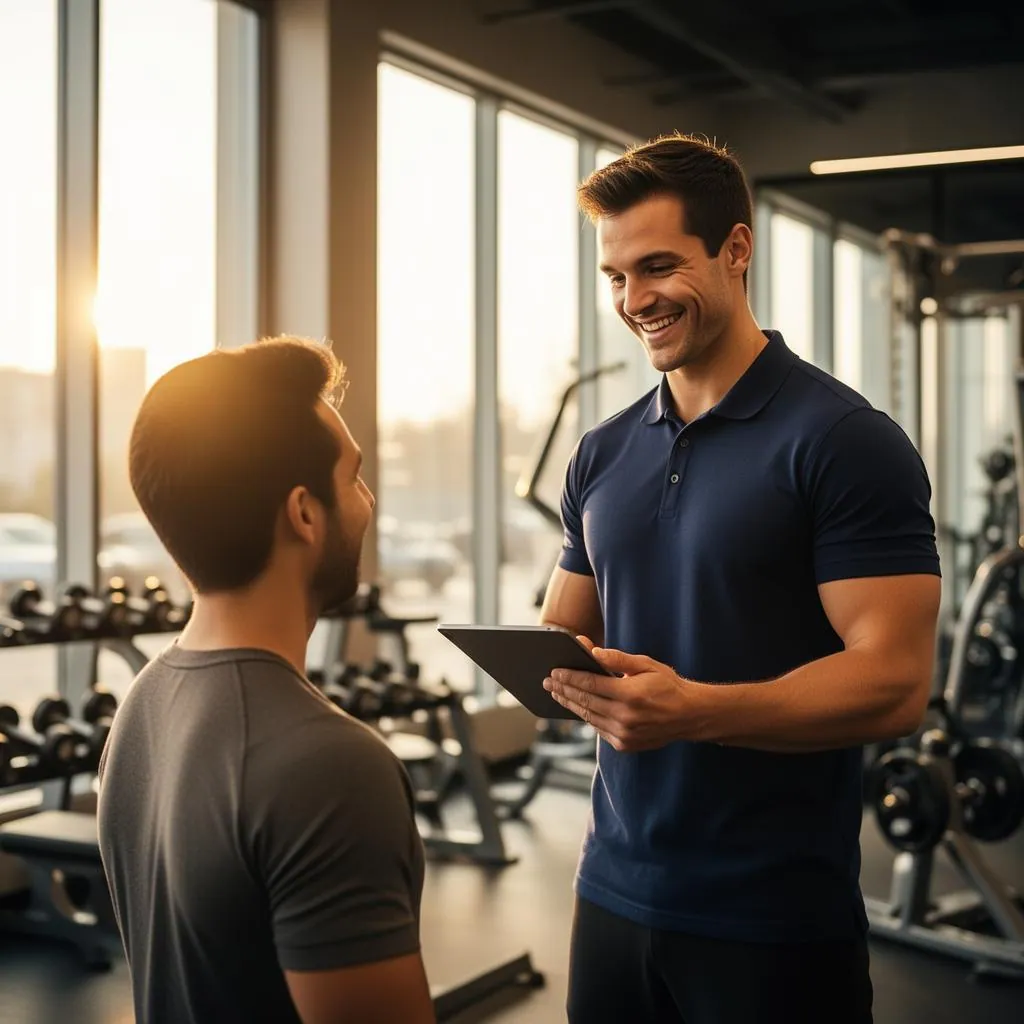 A male personal trainer in a navy polo coaching an adult male client in a bright boutique gym while holding a tablet showing a coaching app dashboard during golden hour