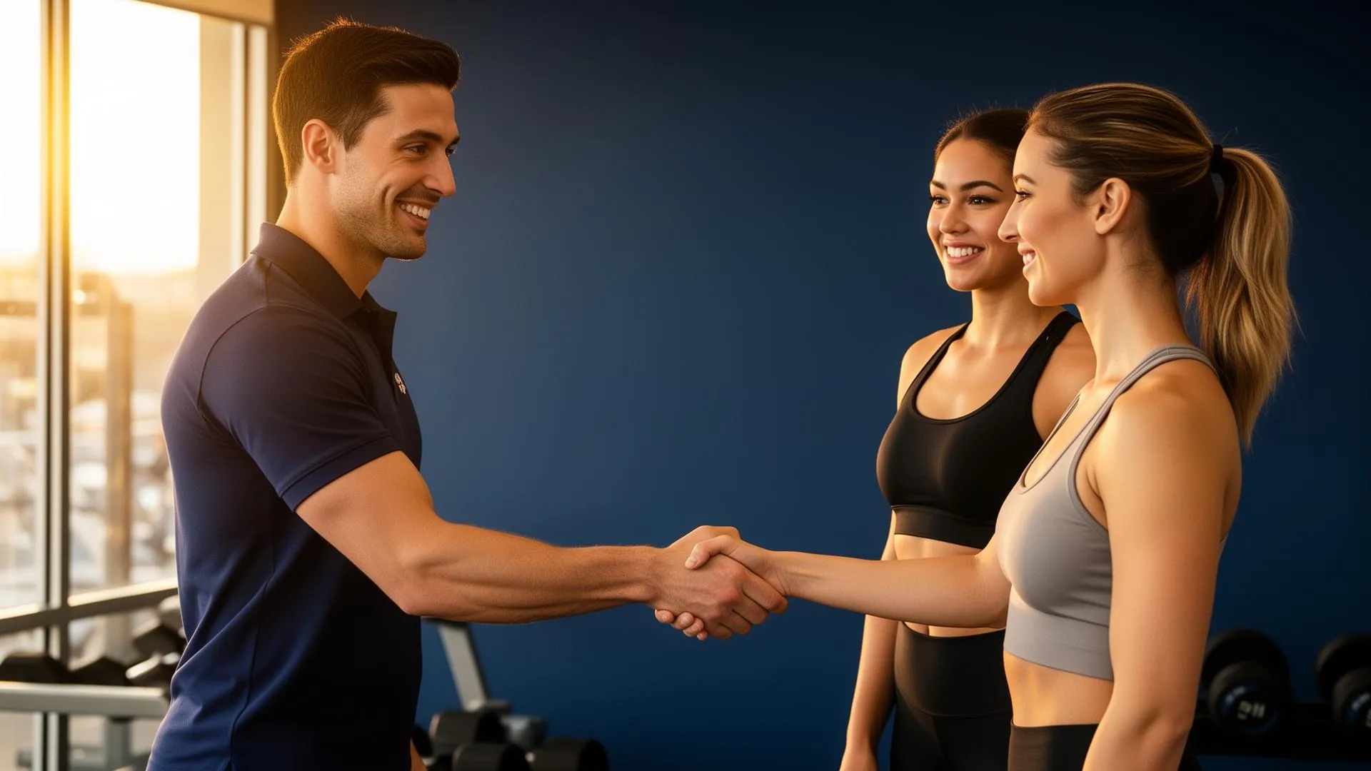 A smiling male personal trainer in a navy polo shaking hands with a new female client being introduced by an existing fit female client in a bright clean modern boutique gym during golden hour