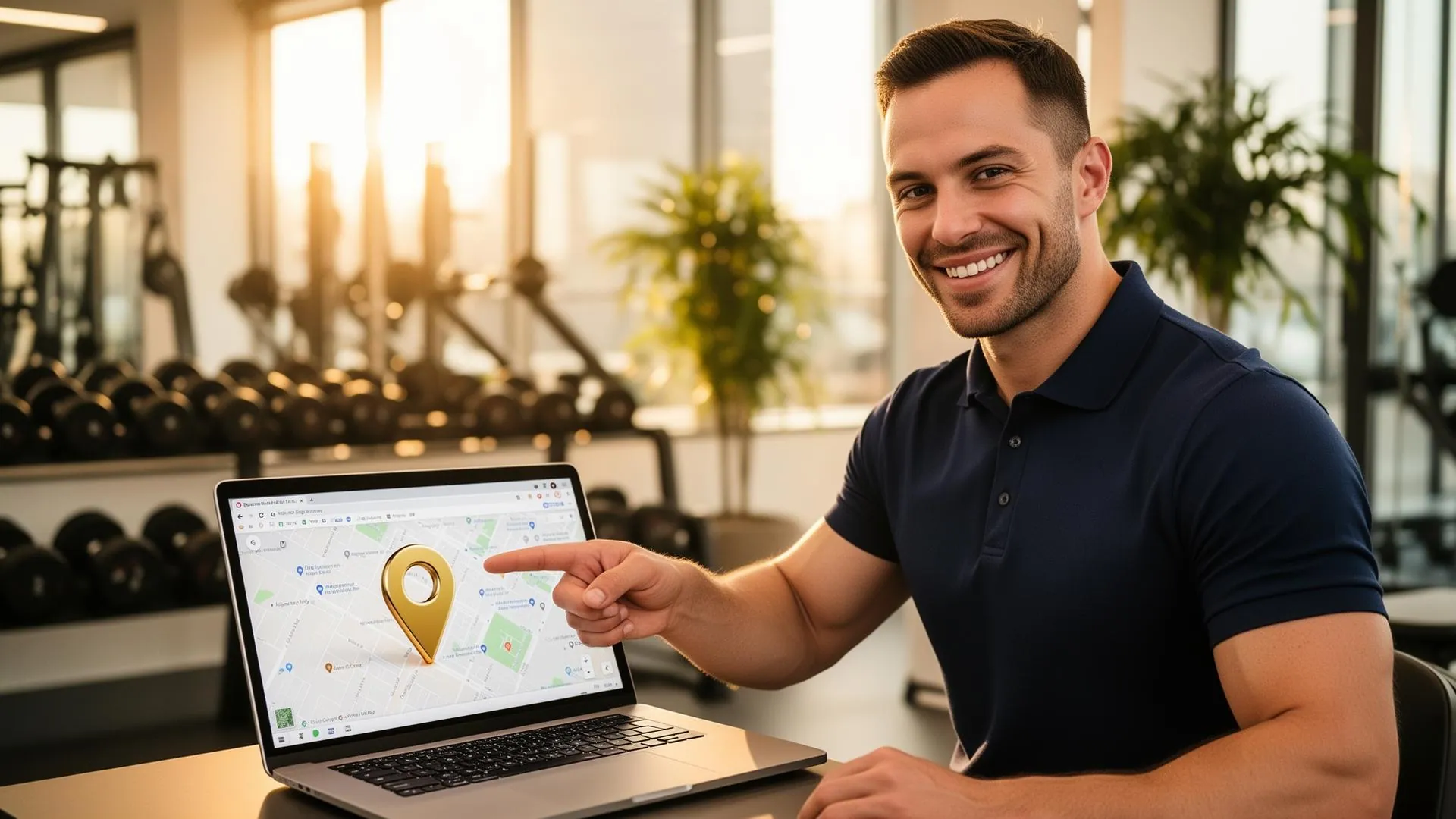 A smiling male personal trainer in a navy polo pointing at a laptop showing a Google Maps result with a top pin highlighted in gold inside a bright modern boutique gym during golden hour