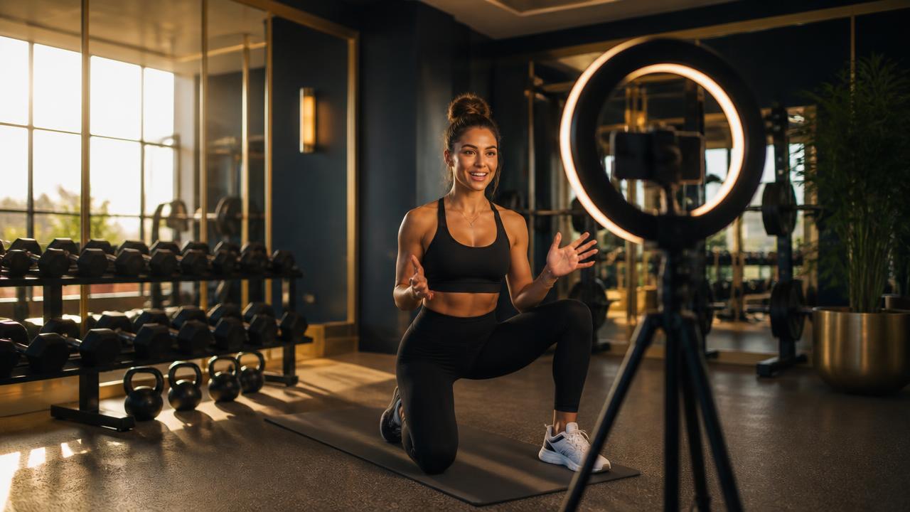A female personal trainer filming a coaching video on a smartphone tripod with a ring light inside a bright modern boutique gym