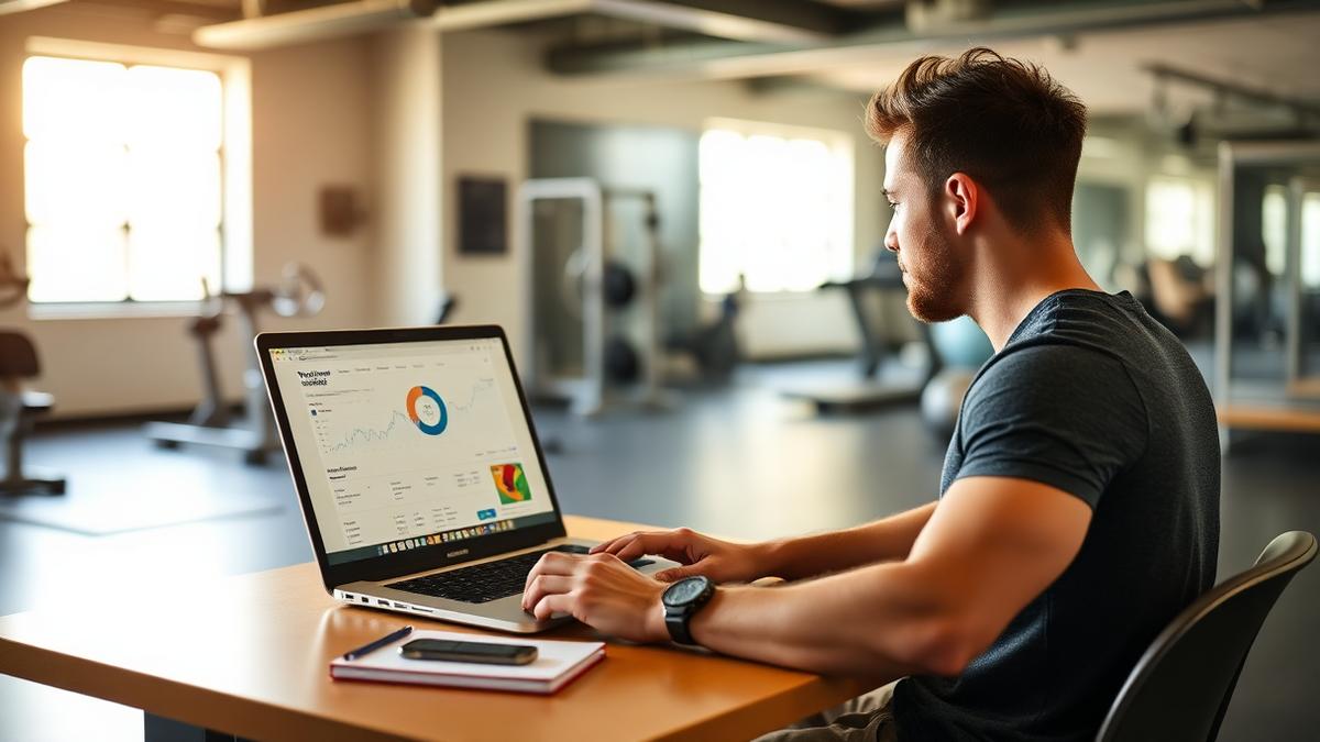 Personal trainer reviewing website traffic and search performance on a laptop at a desk inside a bright gym