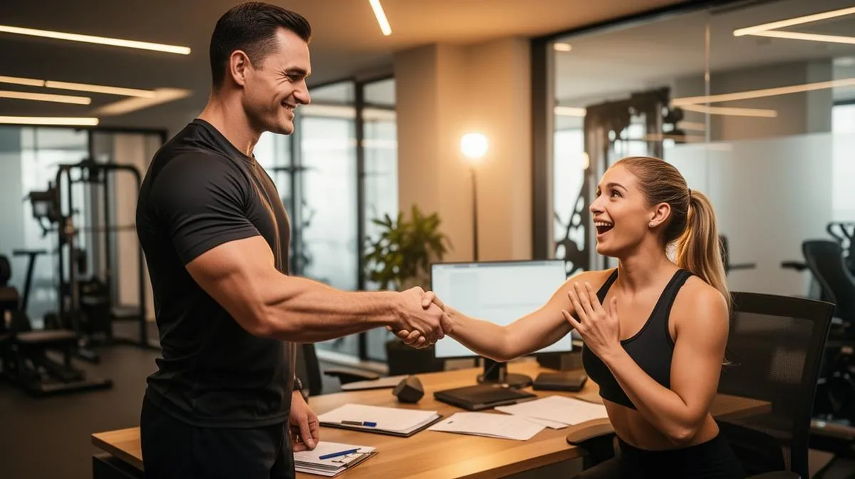 Personal trainer confidently closing a sale with a new client using the Godfather Offer framework in a modern gym office