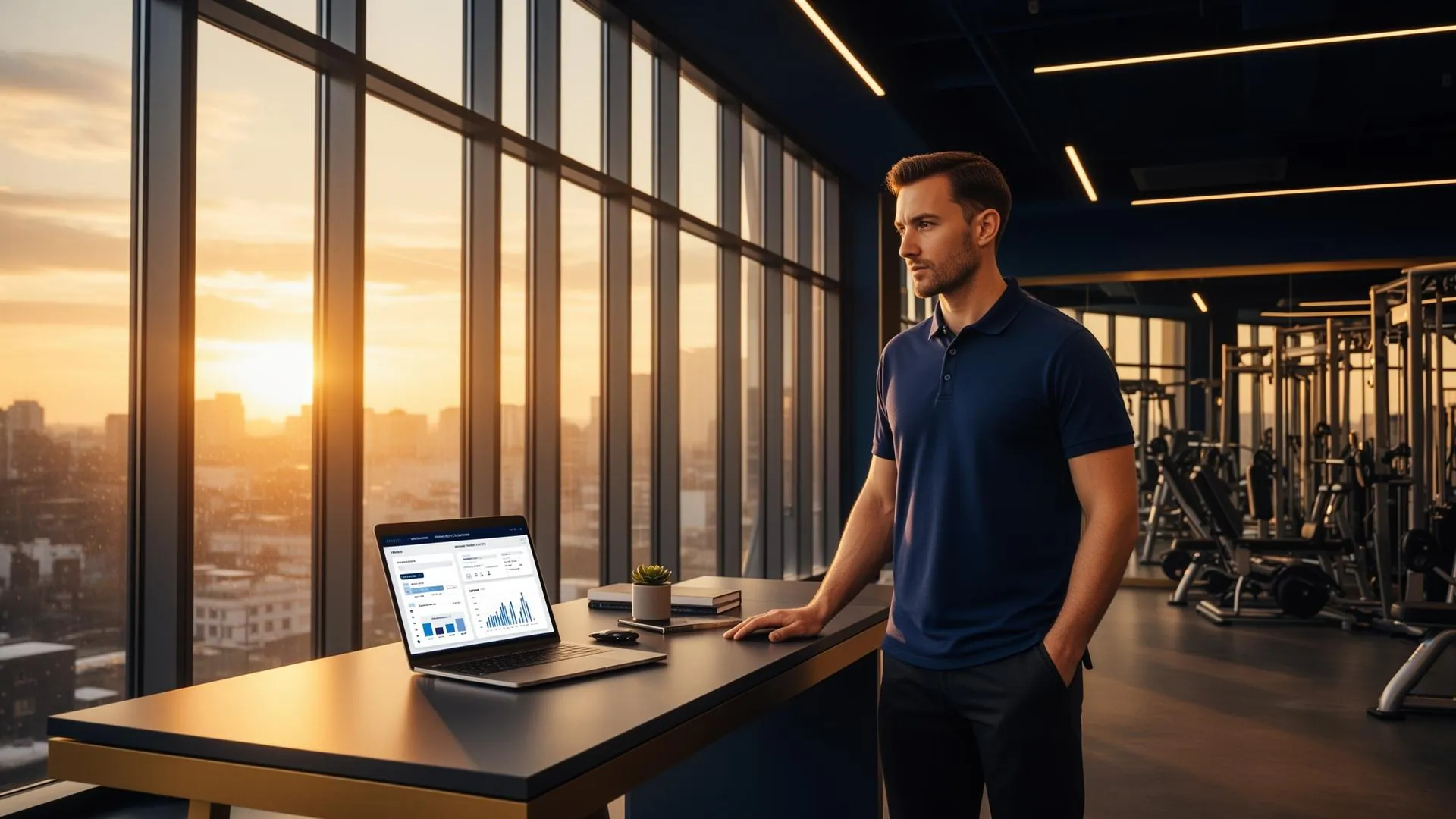 Fitness coach standing in a modern training facility at dawn with golden light, laptop showing business dashboards and gym equipment in the background
