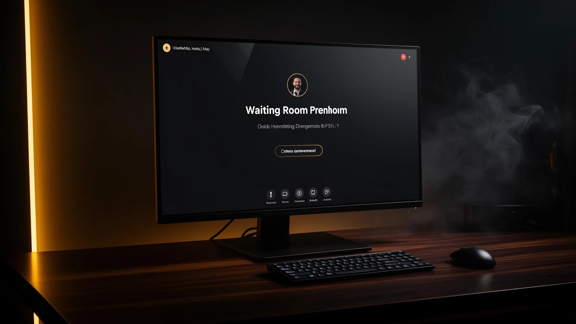 Professional branded video conferencing waiting room displayed on a monitor with customizable design elements in a premium office setting