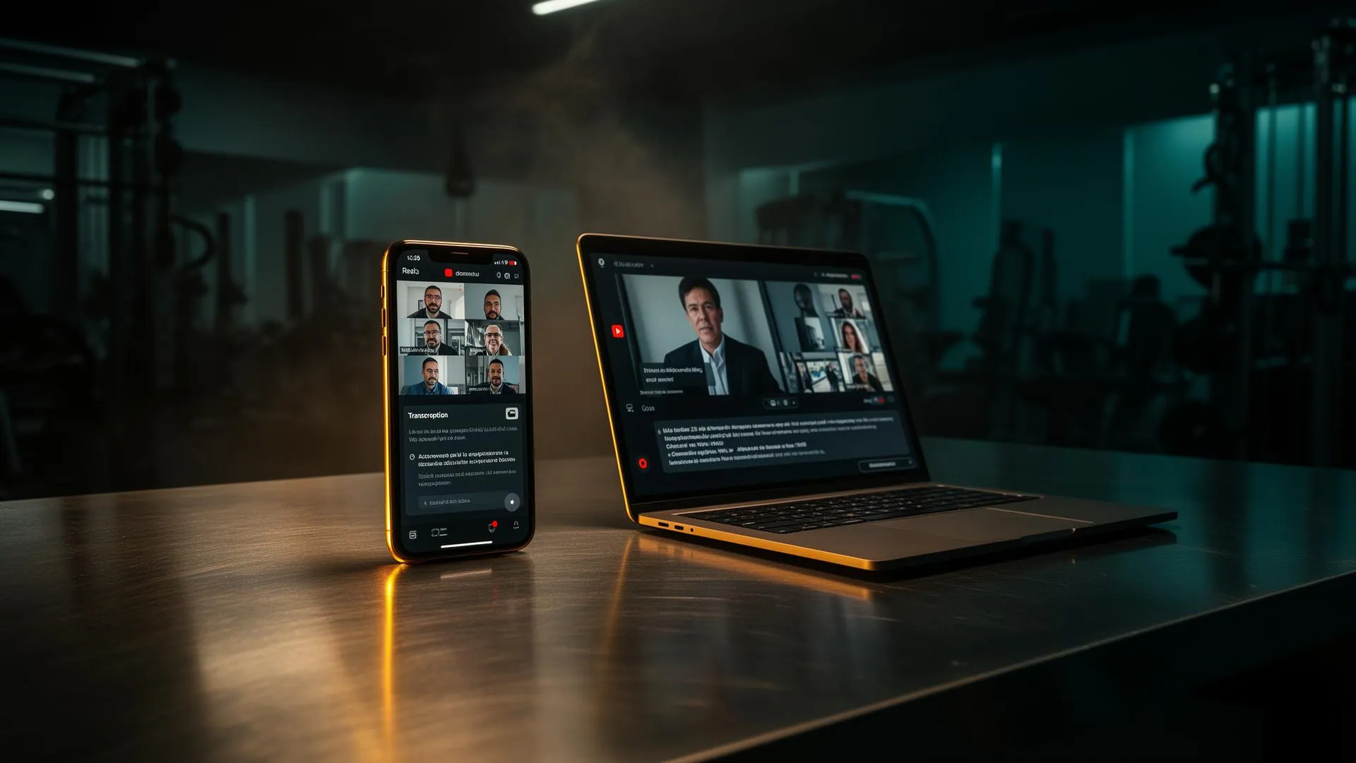 Smartphone and laptop displaying a professional video coaching session with real-time transcription panel and recording indicator