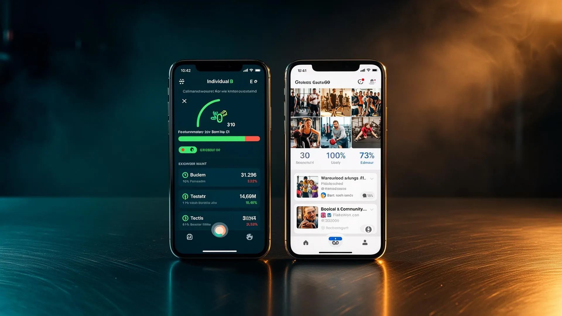 Two smartphones side by side showing individual workout tracking on one screen and a community engagement feed on the other — representing the combination of personal coaching and community