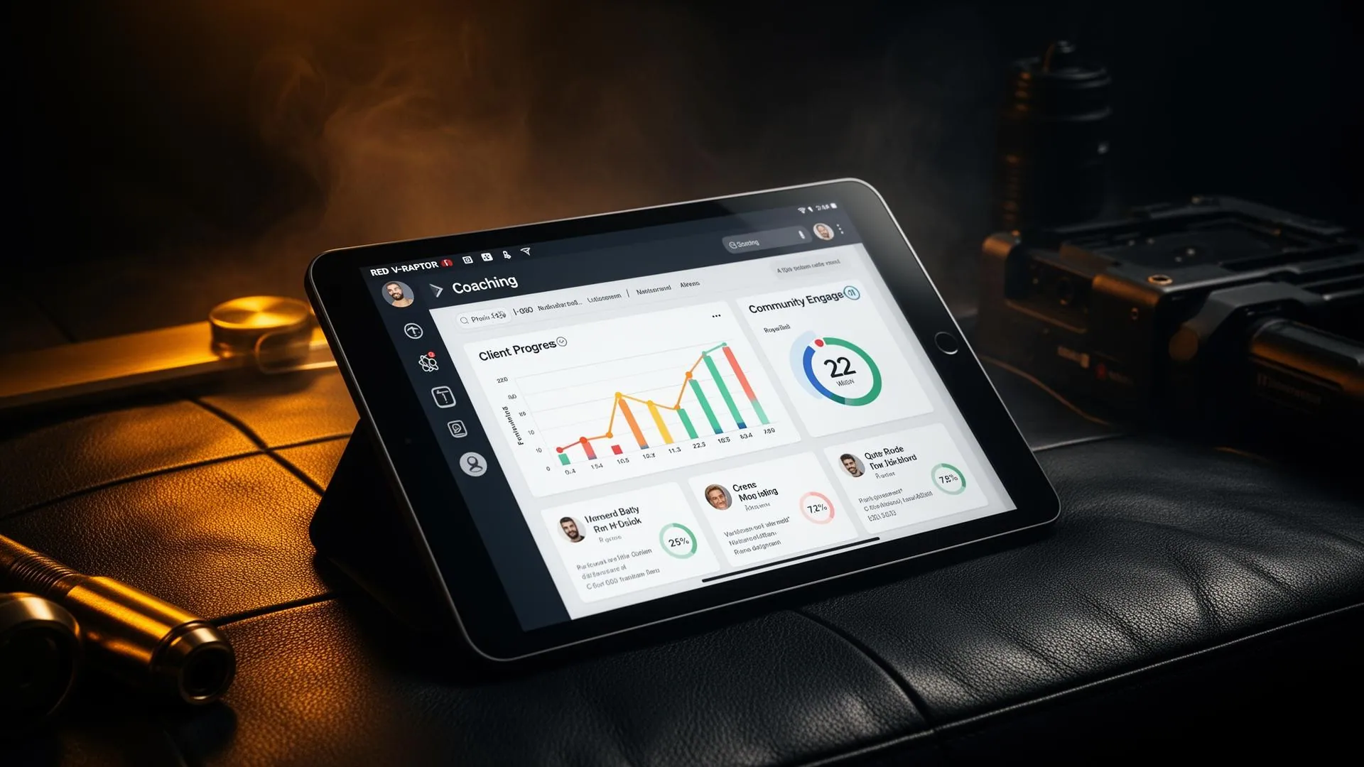 Coaching dashboard showing client progress charts, community engagement metrics, and trainer management tools on a tablet device