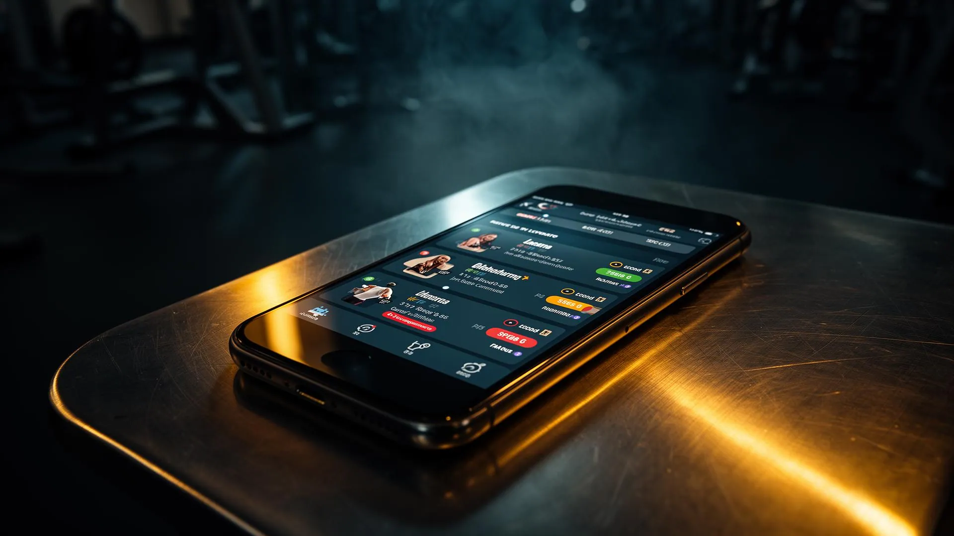 Smartphone displaying a fitness community leaderboard with member rankings and competition scores in a dark gym environment