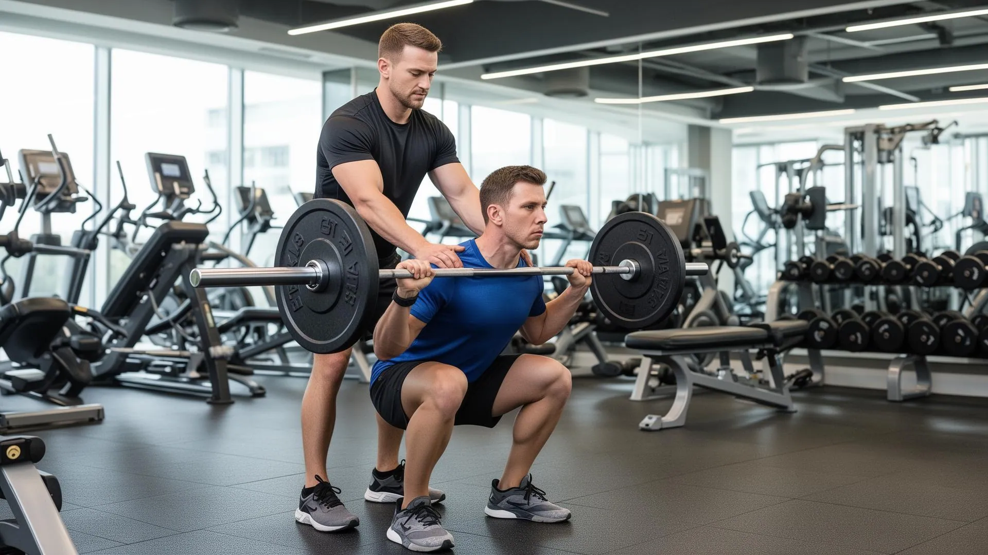 Personal trainer providing hands-on form correction to a client during a squat in a well-equipped modern gym