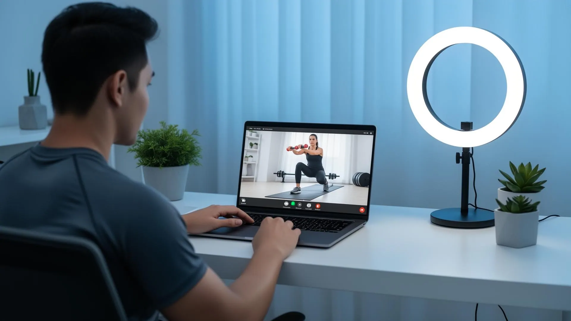 Personal trainer conducting an online coaching session from a home office with exercise programming visible on laptop screen