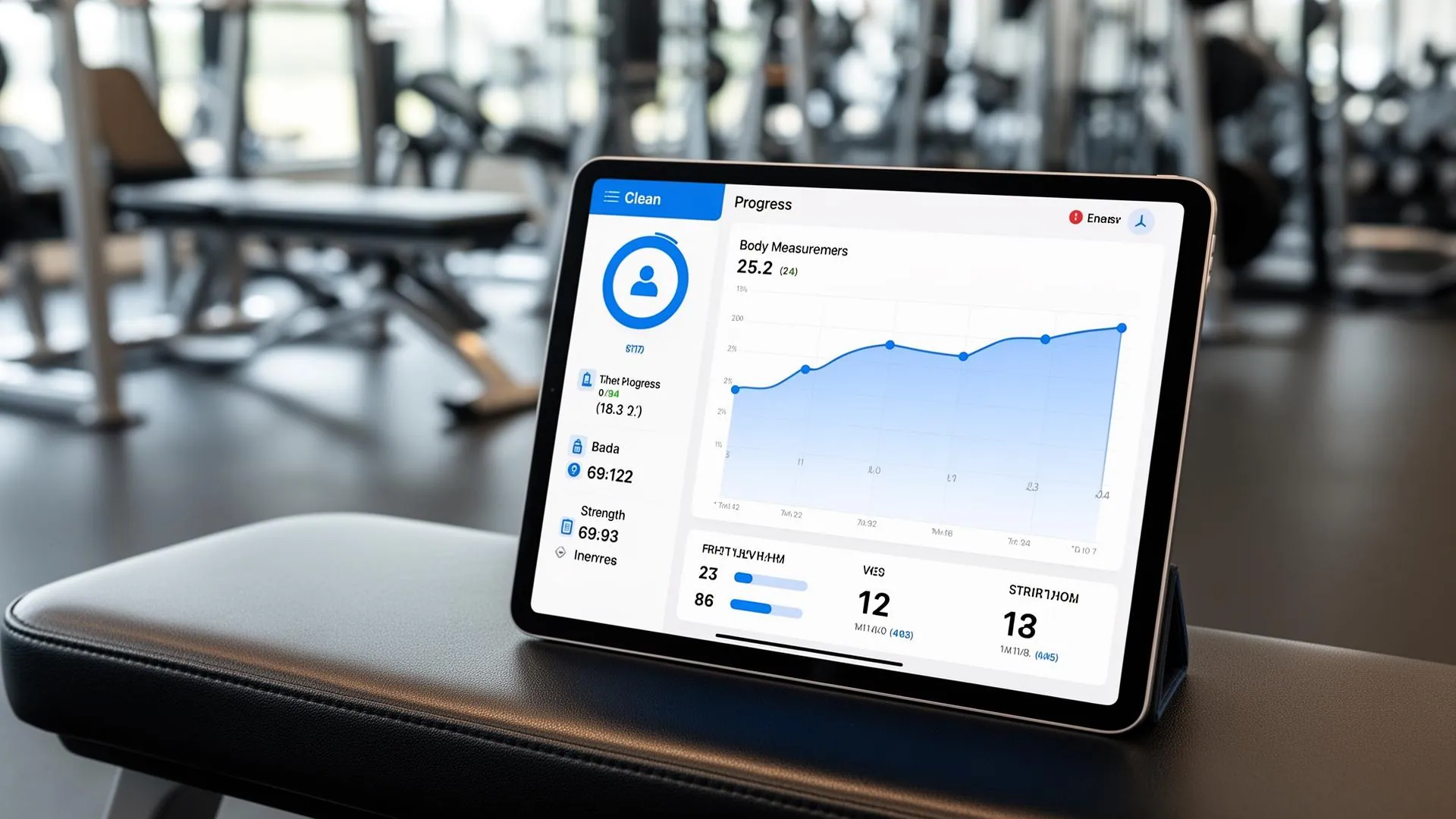 Client progress tracking dashboard on a tablet showing body measurements, progress photos, and strength metrics over time