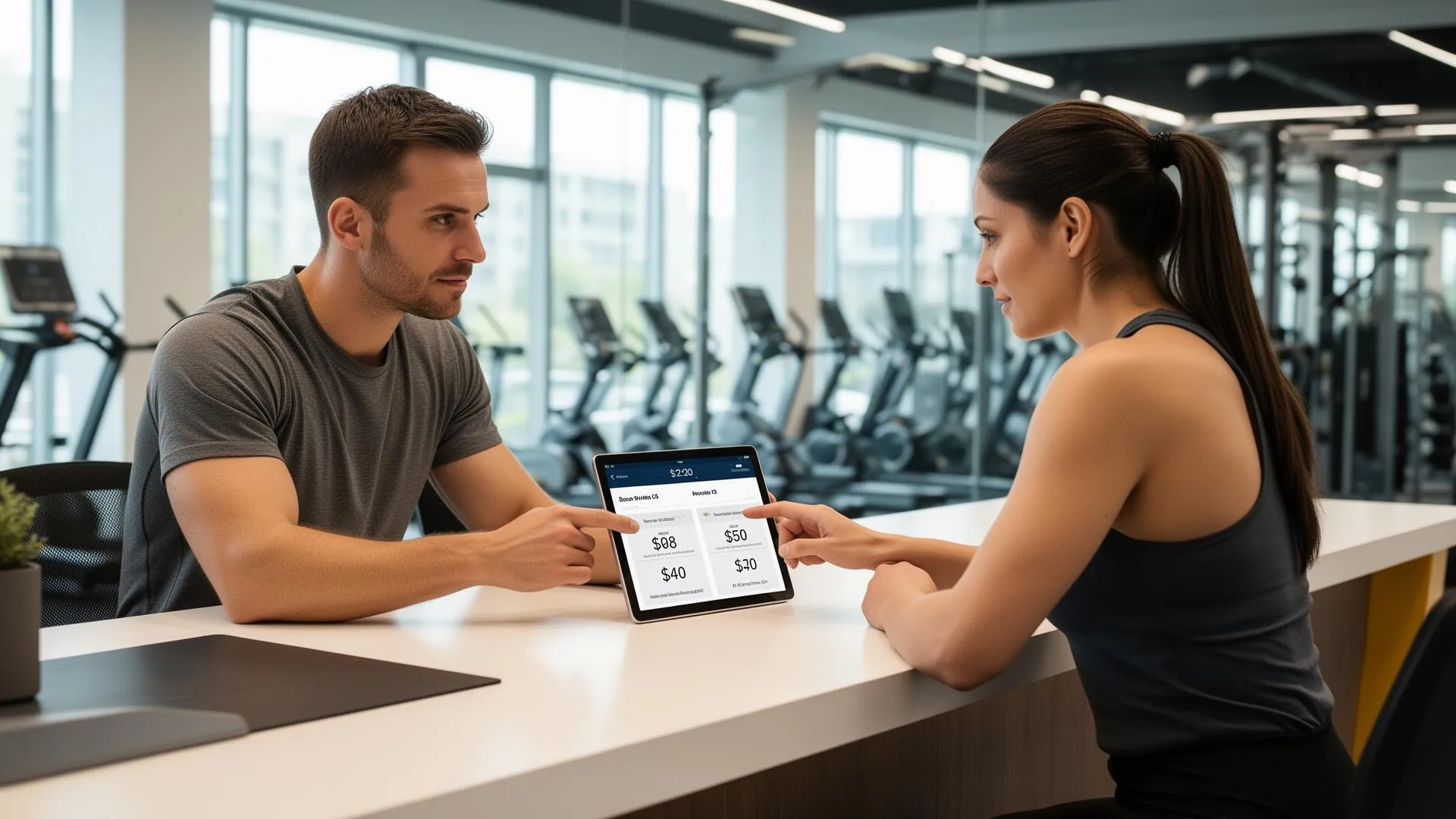 Personal trainer showing pricing packages to a client on a tablet during a consultation at a modern gym