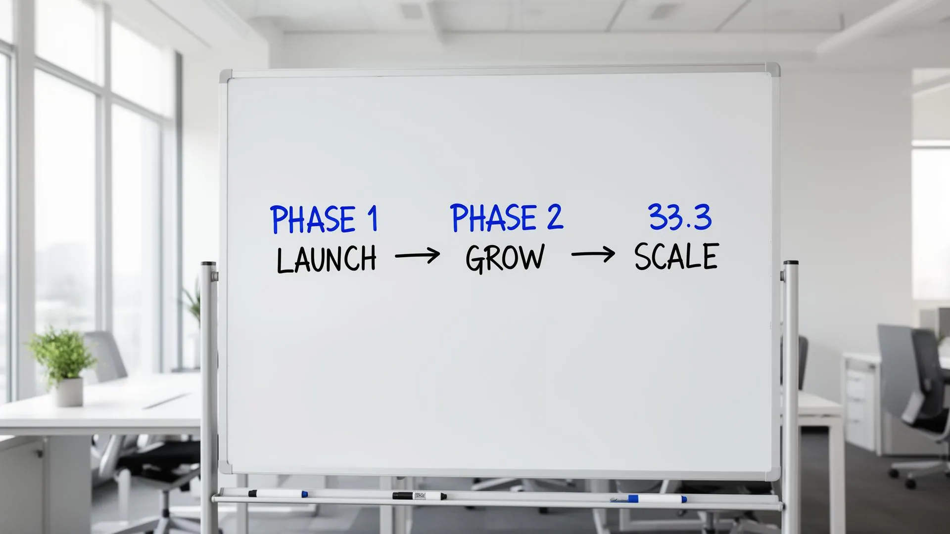 Whiteboard showing a personal training business growth roadmap with three phases: Launch, Grow, and Scale