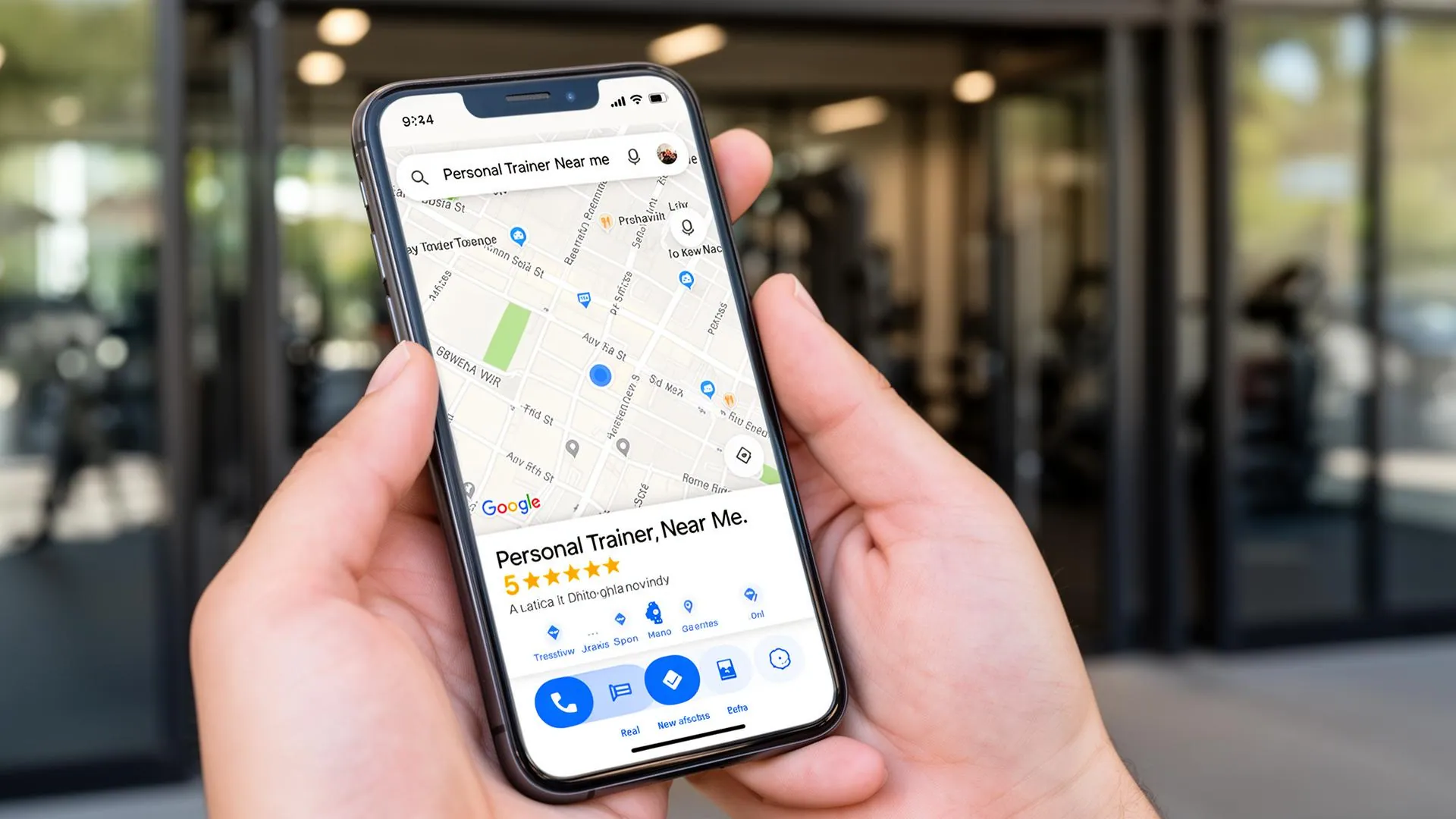 Smartphone showing a personal trainer Google Business Profile with 5-star reviews and map location in a gym setting