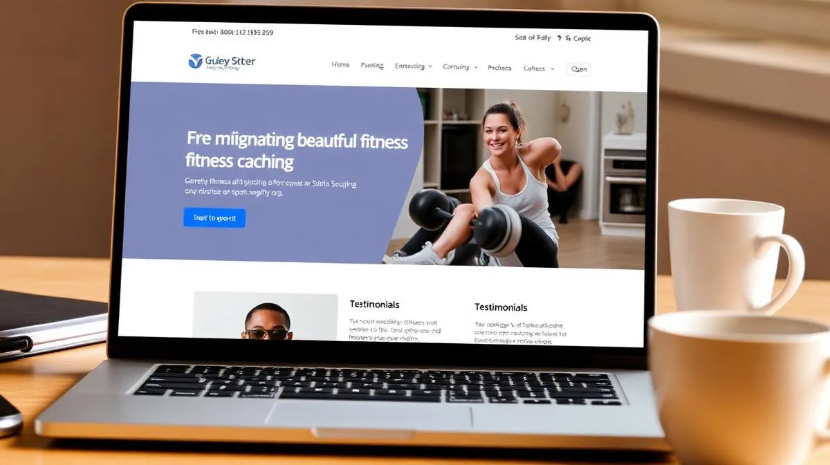 Laptop screen displaying a professionally designed AI-built fitness coaching website with booking calendar and testimonials