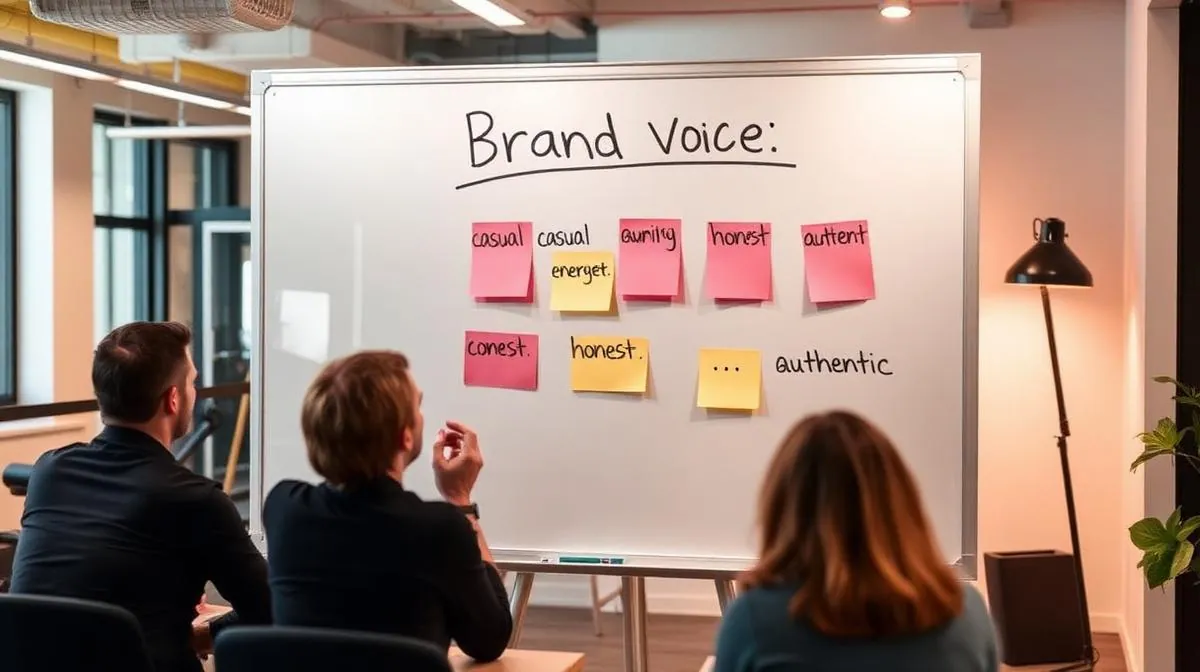 Team brainstorming brand voice strategy on a whiteboard with sticky notes labeled casual, energetic, honest, and authentic