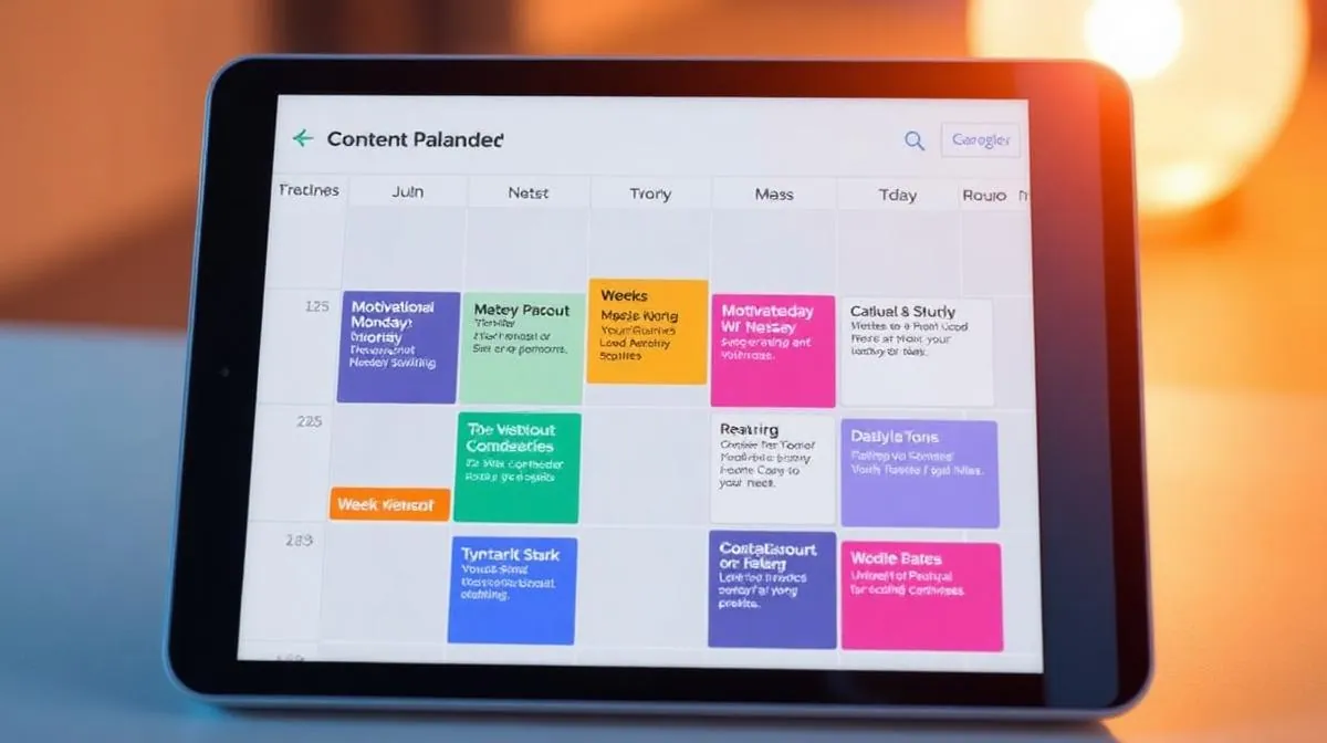 Content calendar on a tablet showing weekly social media posts planned with colorful category labels for fitness coaching