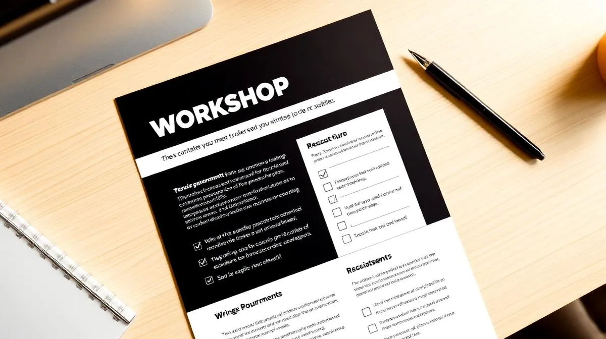 Professional workshop one-pager template on a desk showing bold headline and checklist layout for personal trainer events