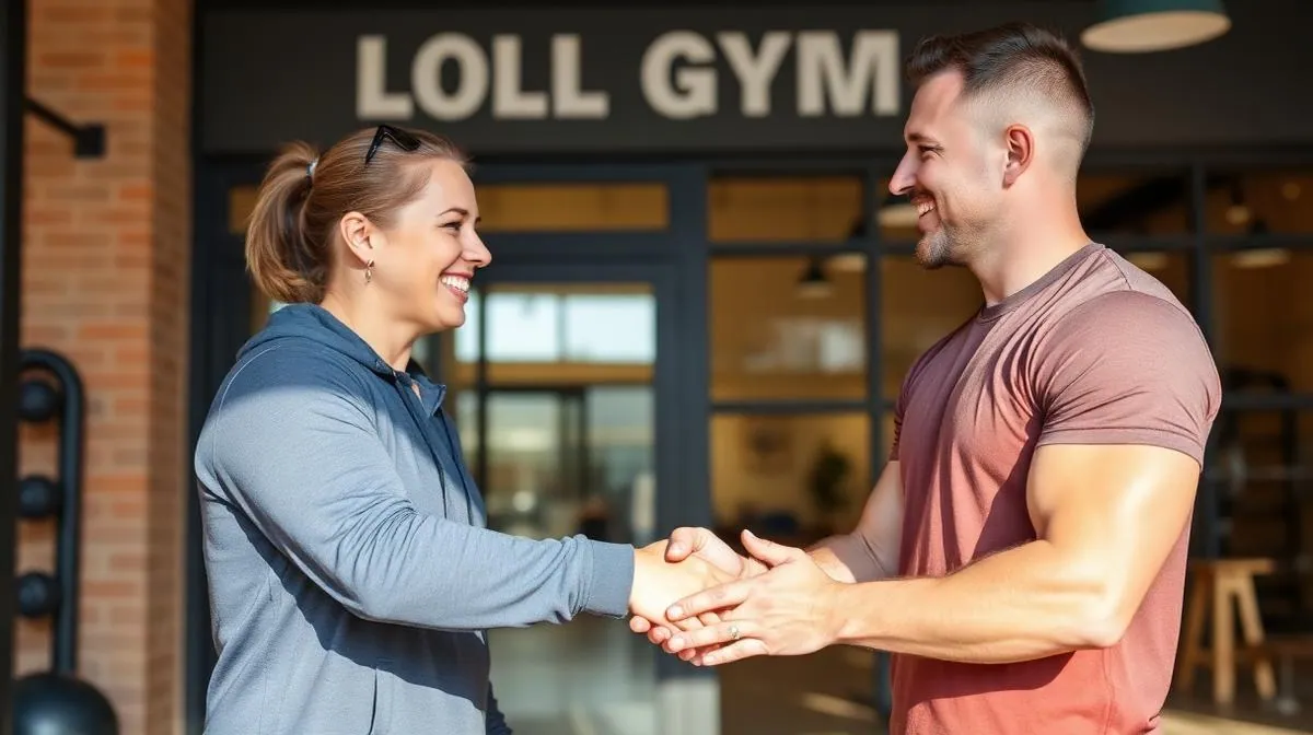 Personal trainer shaking hands with a gym owner partner outside a local fitness facility, building a business relationship