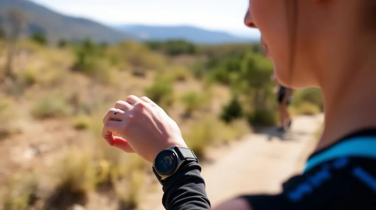 Runner checking their fitness smartwatch while on an outdoor trail, showing real-time heart rate data during exercise