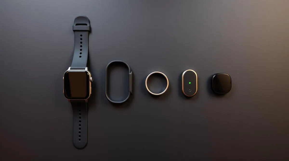 Comparison of different wearable fitness device types including smartwatch, fitness band, smart ring, and sensor on a dark surface