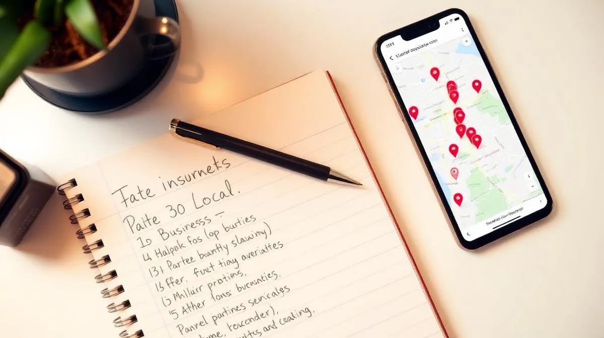 Notebook with a handwritten Dream 30 partner list next to a phone showing a map with business location pins within a 5-mile radius