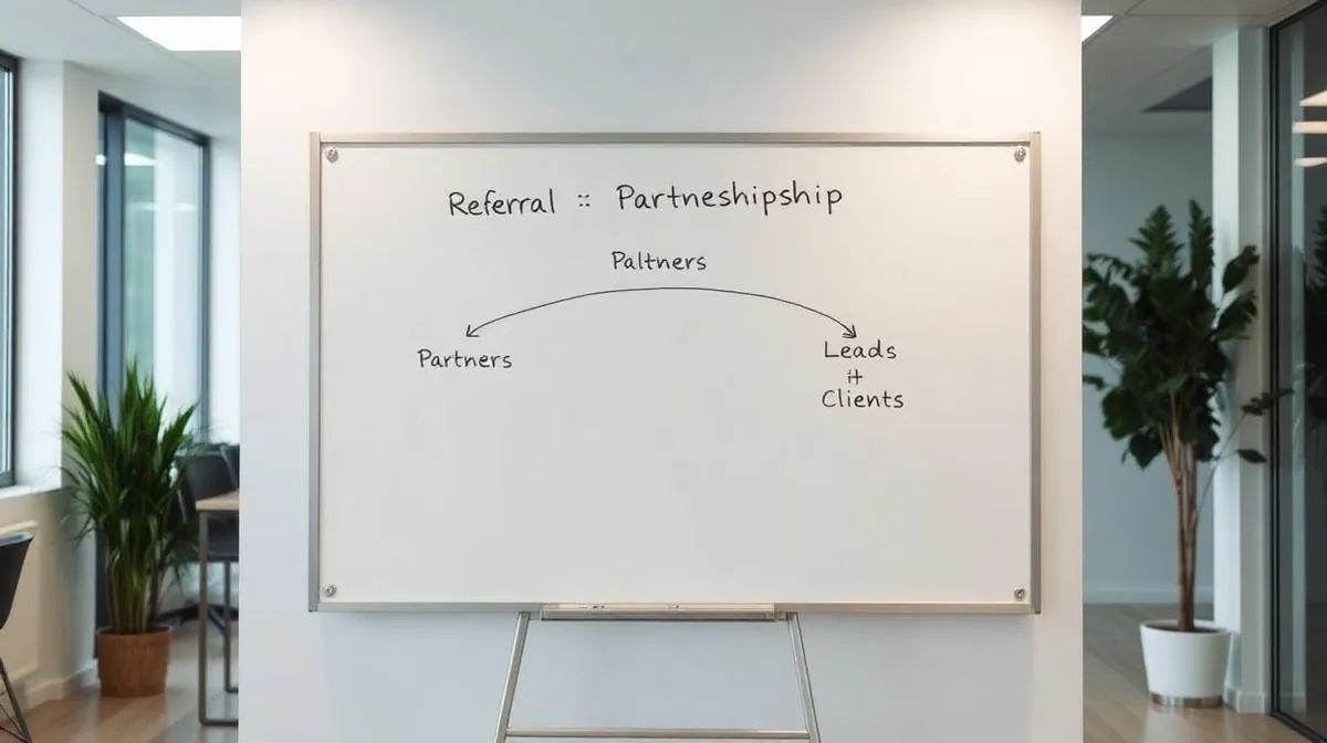 Whiteboard showing a referral partnership system flowchart connecting partners to leads to clients for personal trainer business strategy
