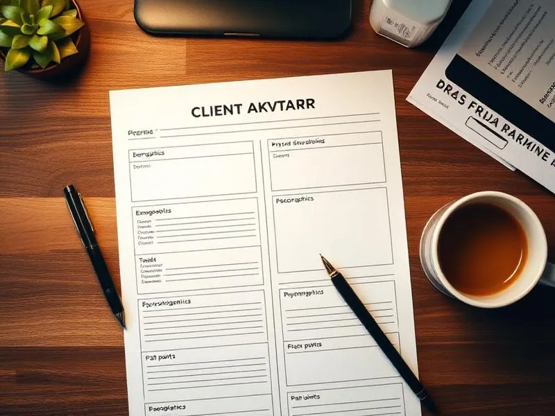Client avatar worksheet with demographics, psychographics, and pain points sections on a desk