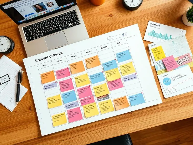 Content calendar planner on a desk showing social media posting schedule organized by content pillars