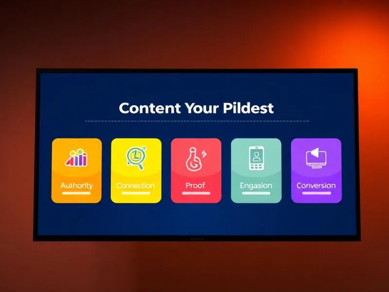 Five content pillar categories displayed on screen: Authority, Connection, Proof, Engagement, and Conversion