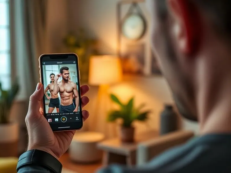Personal trainer recording Instagram stories on their phone showing client transformation results