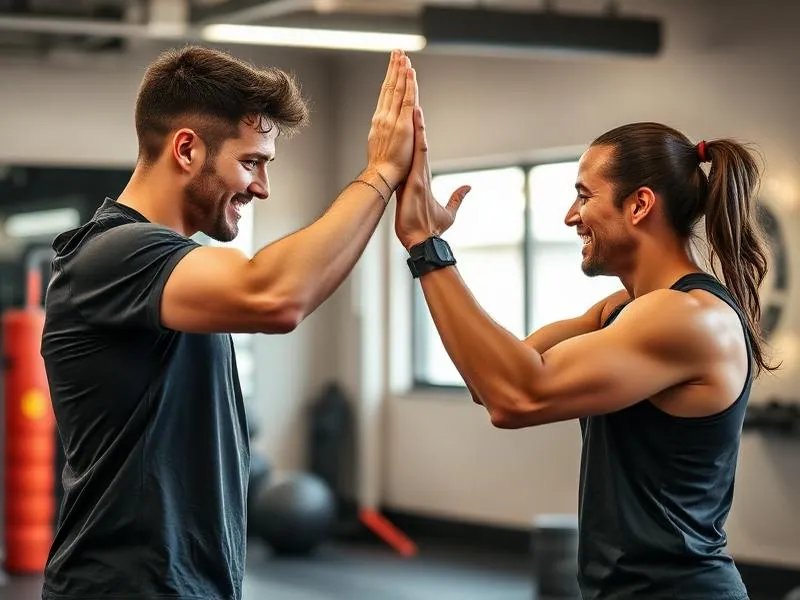 Personal trainer and client high-fiving after a successful workout session celebrating progress