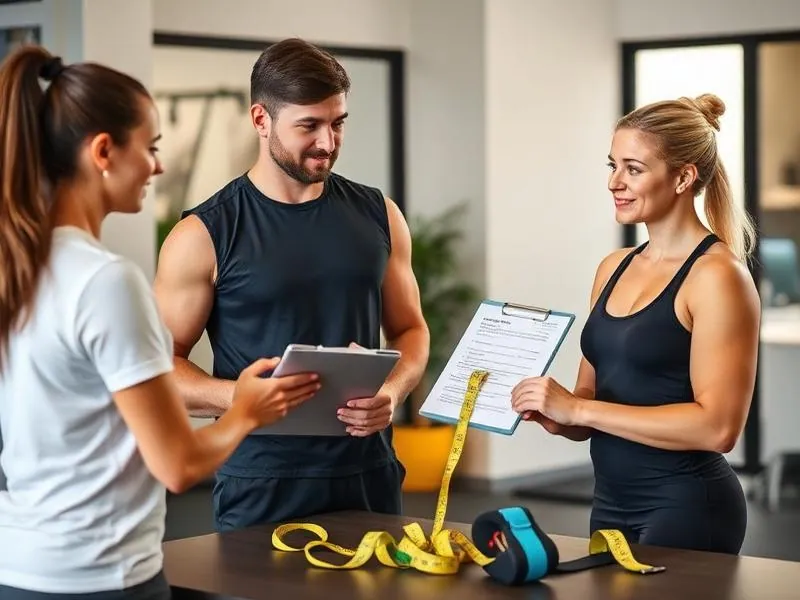 Personal trainer conducting a fitness assessment with a new client using clipboard and measuring tools