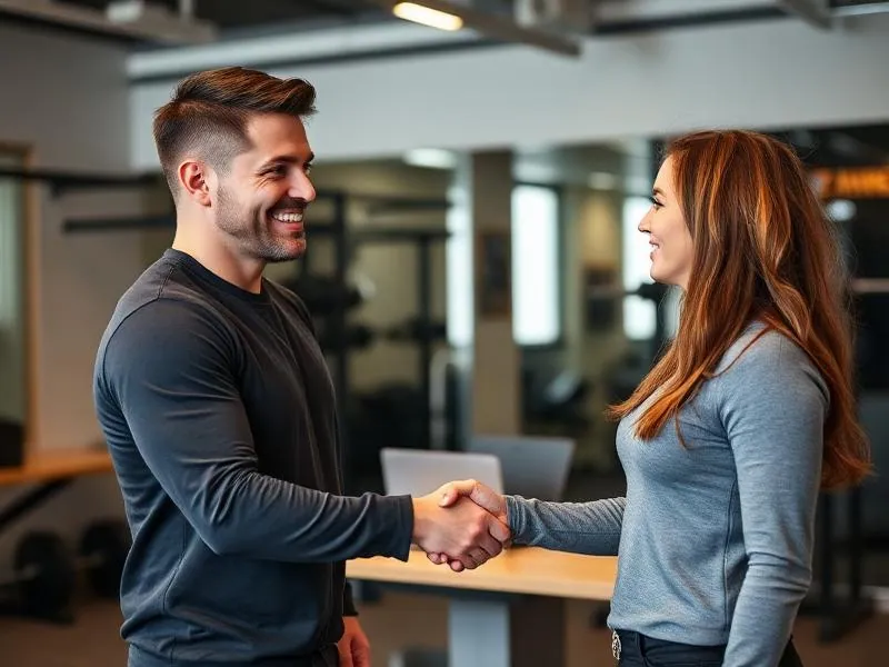 Personal trainer and new client shaking hands after signing up for a training program