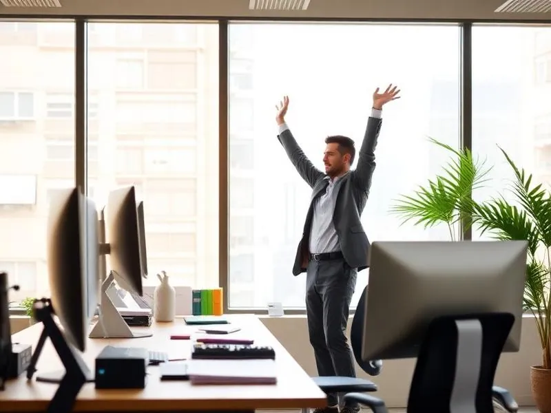 Office worker doing standing stretches at their desk during a work break