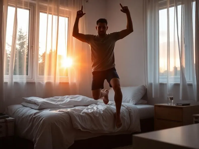 Person doing jumping jacks next to their bed at sunrise as part of a morning micro-workout routine