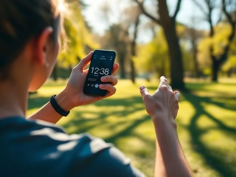 Person checking fitness timer on phone while doing squats outdoors in a park