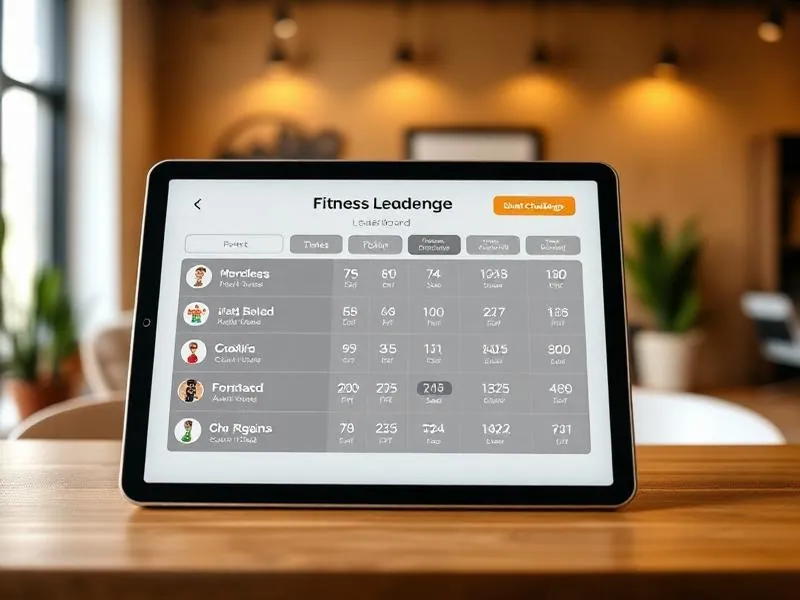 Fitness challenge leaderboard displayed on a tablet screen with points and badges