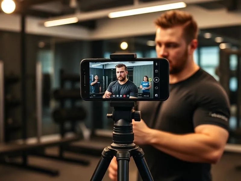 Personal trainer going live on camera with phone on tripod in a gym for community Q&A