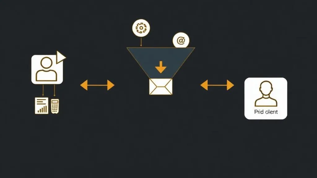 Diagram showing an automated lead generation flow from social media through a funnel to paid client conversion