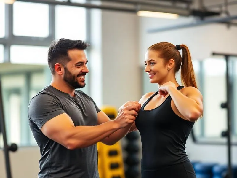 Personal trainer confidently coaching a client through an exercise, both smiling